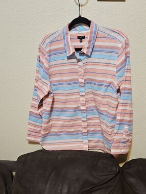 Talbots Peach and Light Blue Striped Button-Up Shirt